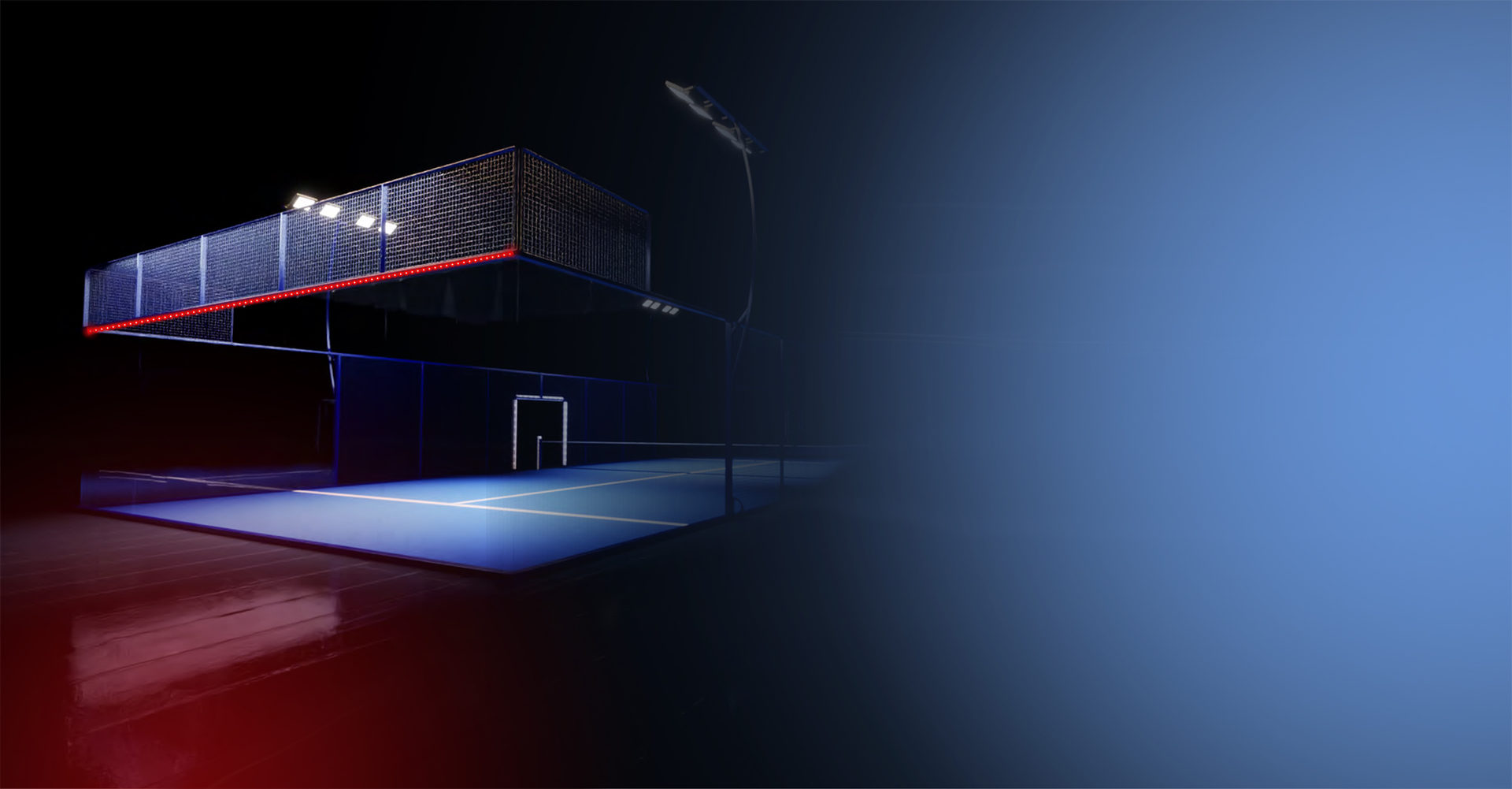 Padelbaan in de avond met rode Reddpoint-lijn op de rand van de glaswand