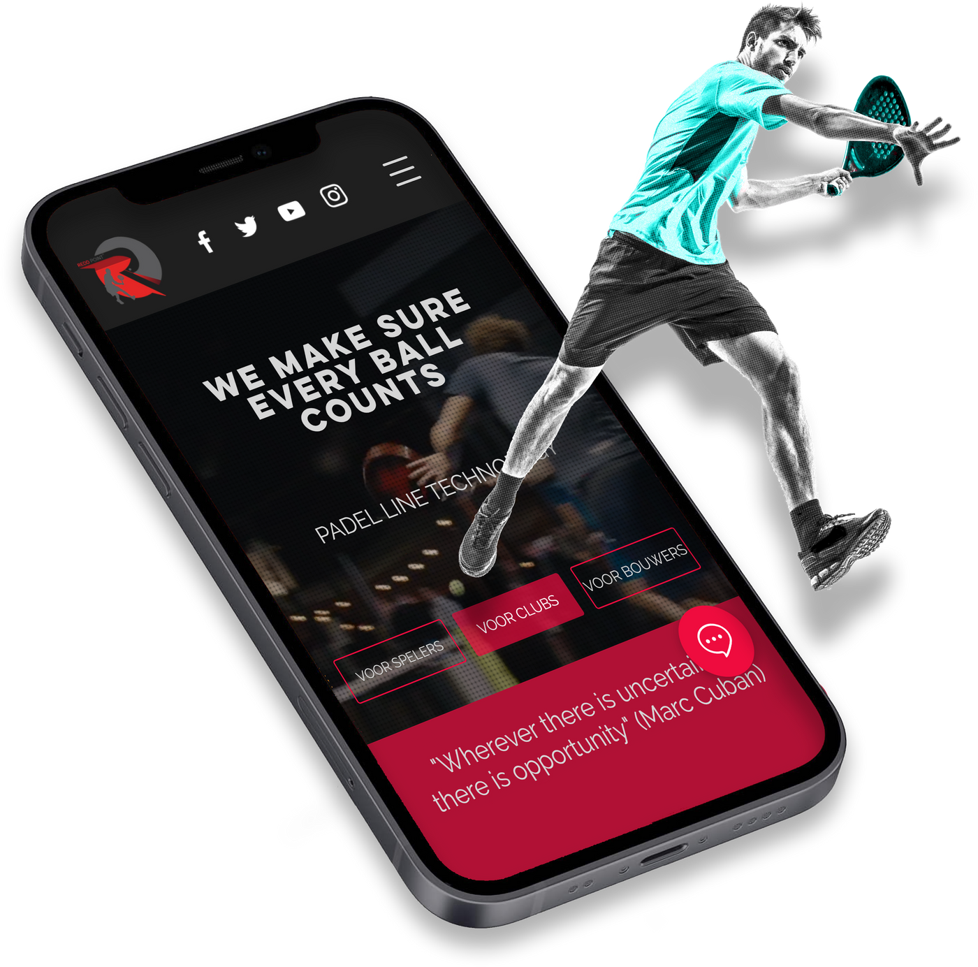 Padelspeler in actie naast een telefoon met de Reddpoint-website
